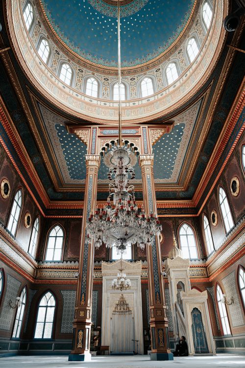 Free Captivating view of an ornately decorated mosque interior with a grand chandelier and intricate architectural details. Stock Photo