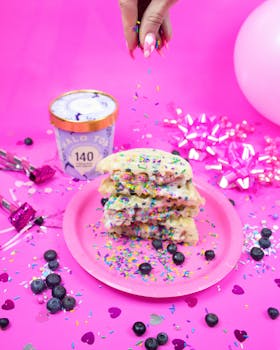 华夫饼上撒着色彩鲜艳的五彩纸屑、蓝莓和糖屑，与节日派对装饰相得益彰