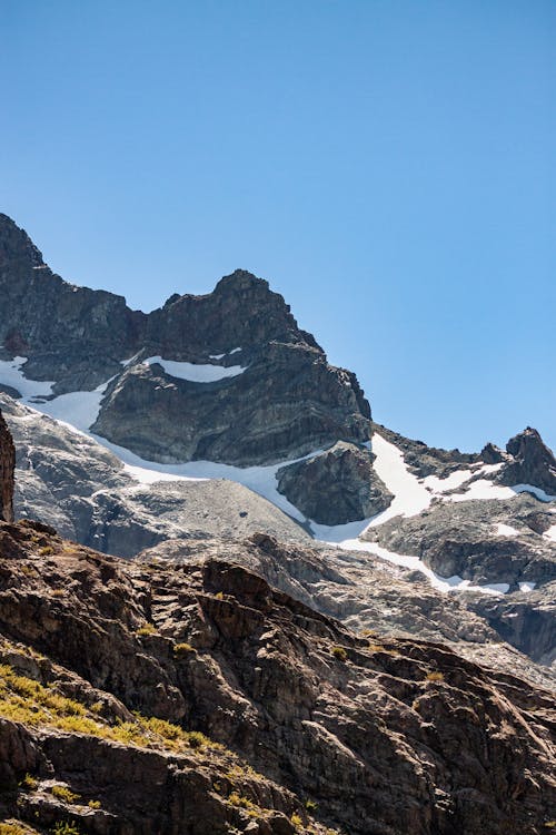 A mountain with snow capped peaks and a blue sky