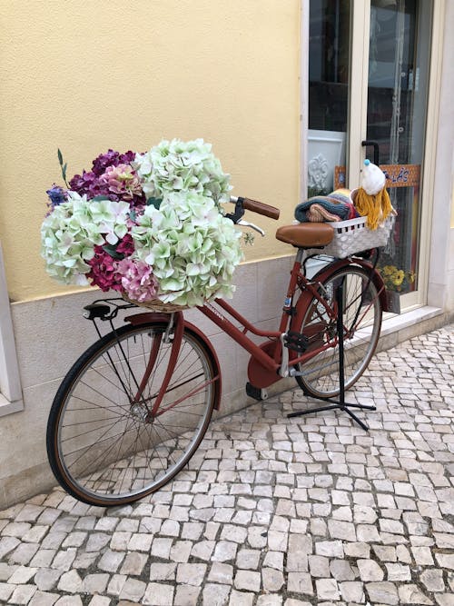 A bicycle with a basket of flowers on the back