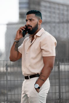 Stylish man with a beard talking on phone in an urban setting. Modern fashion and confident pose.