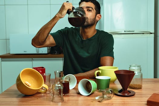 Adult man drinking coffee directly from a pot surrounded by various cups in a kitchen setting.