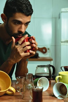 A man in a kitchen holds a red mug, surrounded by coffee cups and mugs.