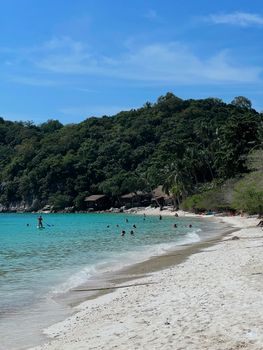 A tropical beach scene with people enjoying crystal clear waters and lush vegetation on a sunny day.
