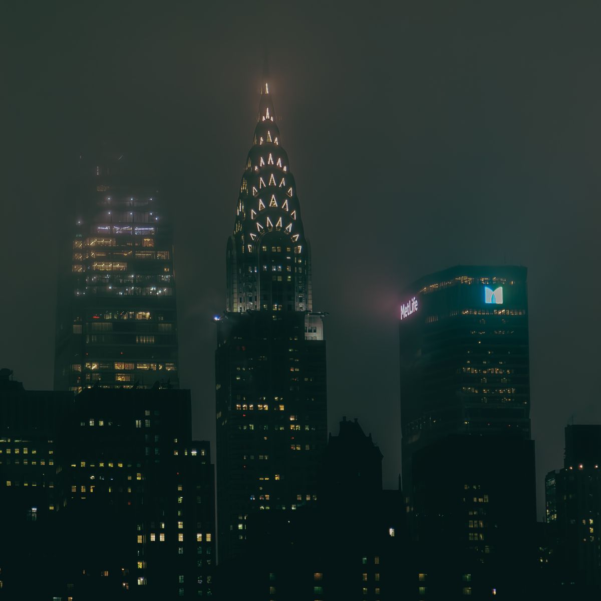 The Chrysler Building at night in fog