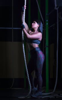 Fit woman climbing rope in gym, showcasing strength and determination.