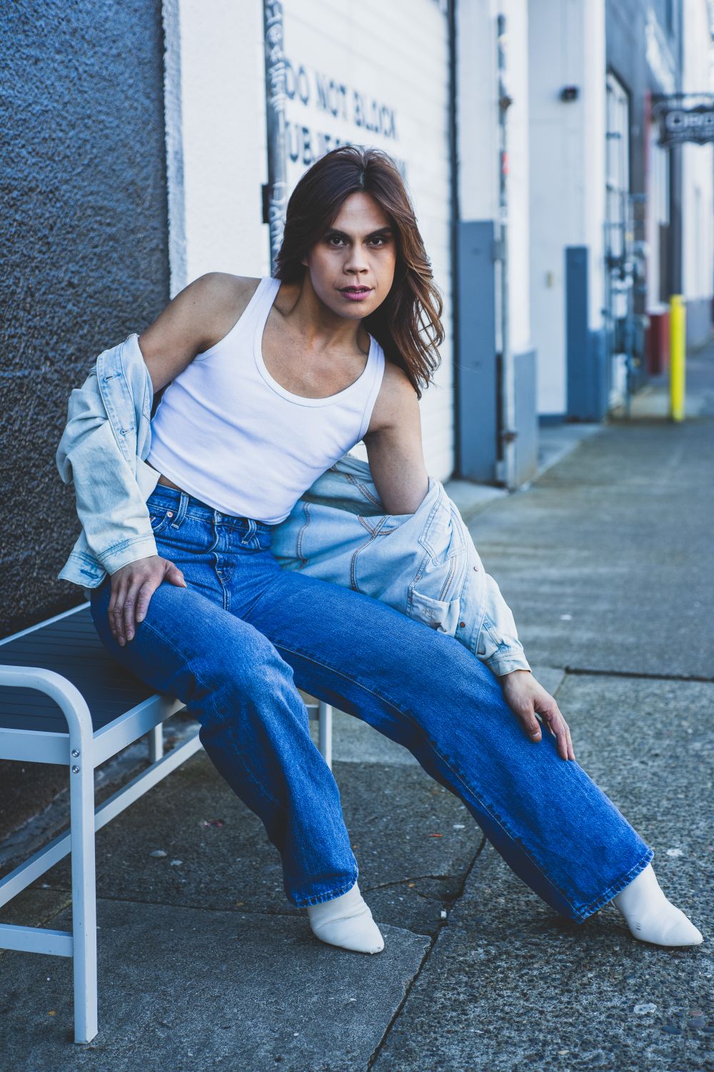 Woman Sitting In Jeans And Jean Jacket Free Stock Photo woman-sitting-in-jeans-and-jean-jacket-free-stock-photo
