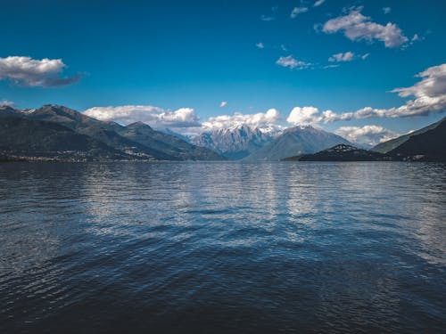 A lake with mountains in the background