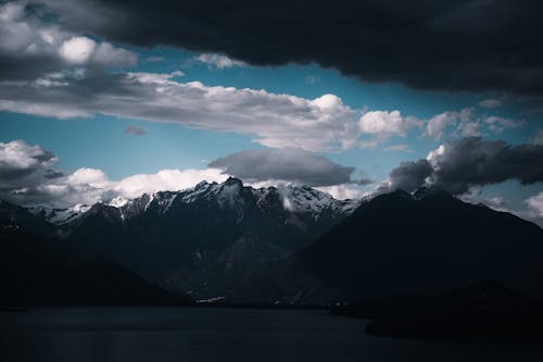 A dark cloudy sky over a mountain lake