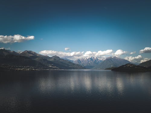 A lake with mountains in the background