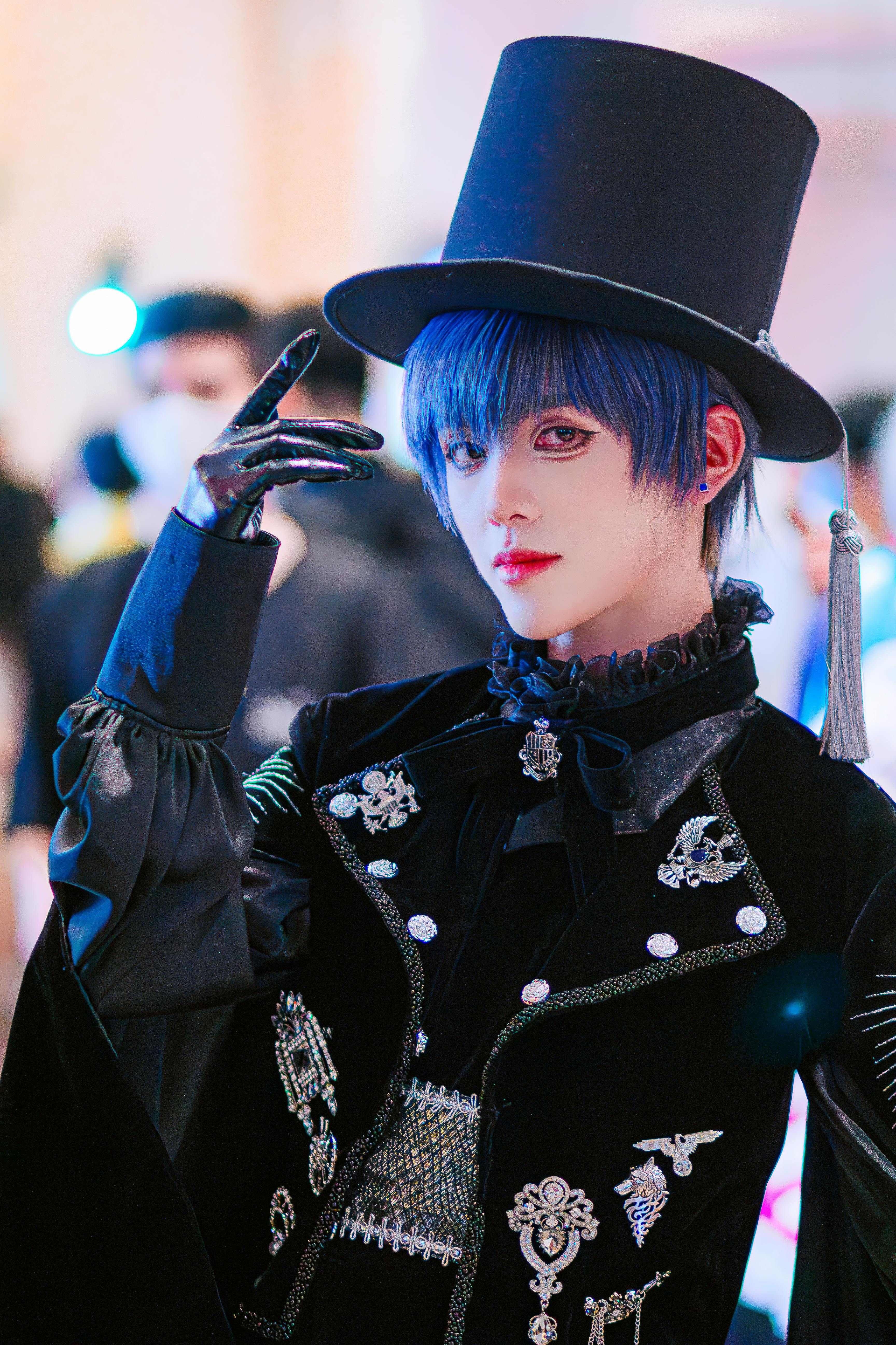 A captivating portrait of a person in detailed cosplay attire with a top hat and blue hair.