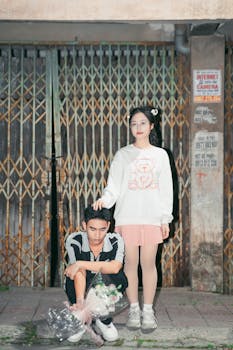 A young couple poses in front of a rusty gate, creating an urban atmosphere.