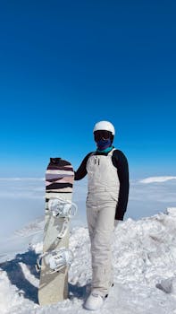 Snowboarder in winter gear standing at mountain summit under a clear blue sky, showcasing adventure and sport.