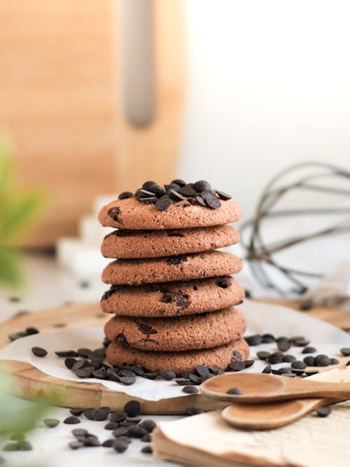 Chocolate chip cookies on a plate with a spoon