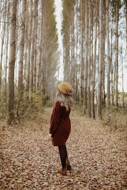 A woman in a hat and brown dress walking through a forest