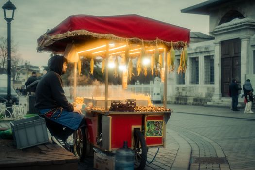 A street vendor selling roasted chestnuts under a warm light in the evening.
