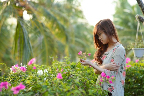 ピンクのブーゲンビリアの花を保持している白、ピンク、緑の花柄のドレスを着ている女性