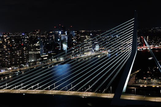 Night view of the iconic Erasmus Bridge and Rotterdam city skyline beautifully lit.