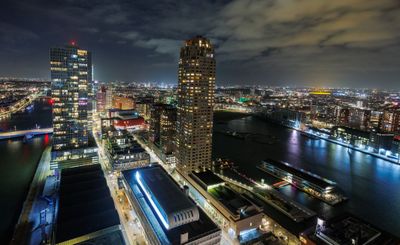 Rotterdam waterfront at night, photo by Igor Passchier on Pexels
