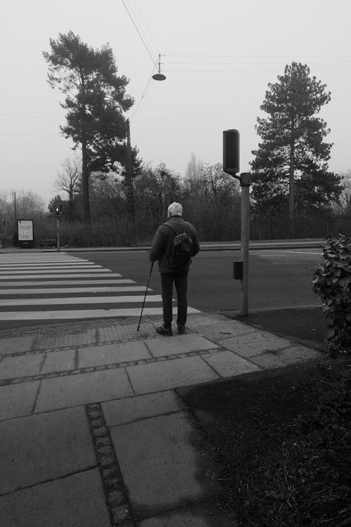 Back View of Standing Man on Sidewalk in Black and White 
