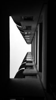 Black and white view of a symmetrical building in Veracruz, Mexico.