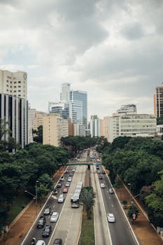 Drone shot capturing São Paulo's skyline with a bustling highway and lush greenery.