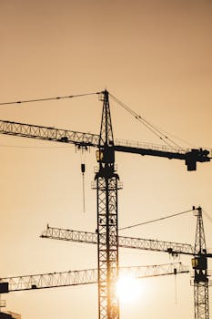 Silhouetted construction cranes against a golden sunset sky, highlighting urban industrial growth.