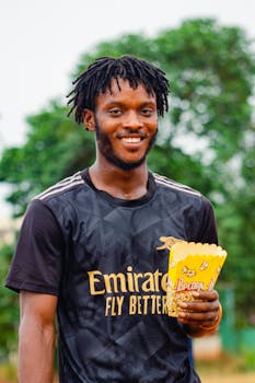 A man in sportswear enjoys popcorn outdoors, smiling warmly.