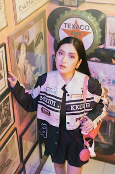 Stylish woman in a jacket and mini skirt with pink bag in a retro-themed room.