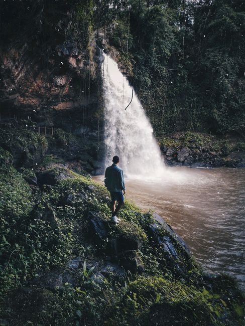 A person stands at the edge of a waterfall surrounded by lush greenery, capturing the spirit of adventure.