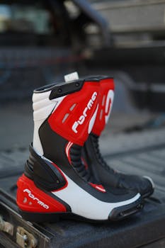 Stylish red and black leather motorcycle boots showcased on a pickup truck bed.