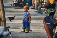 Boy Standing Beside Cat on Roadside