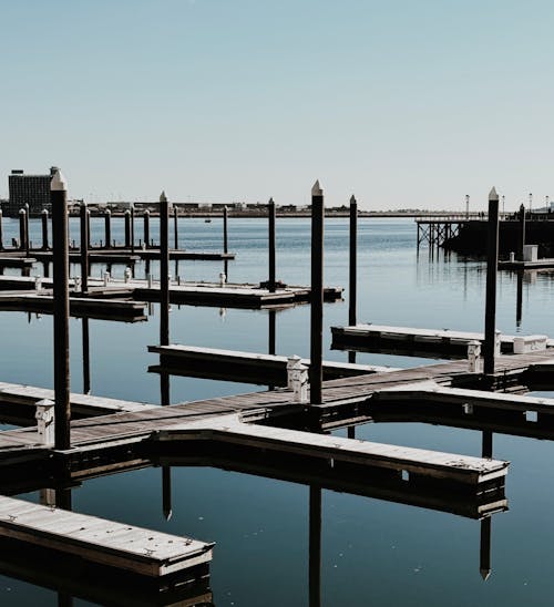 A dock with wooden poles and a pier