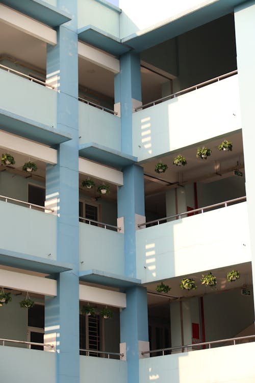 A blue building with balconies and plants on the balconies