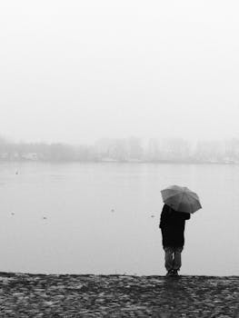 A person with umbrella stands by a foggy lakeshore in Belgrade, Serbia.