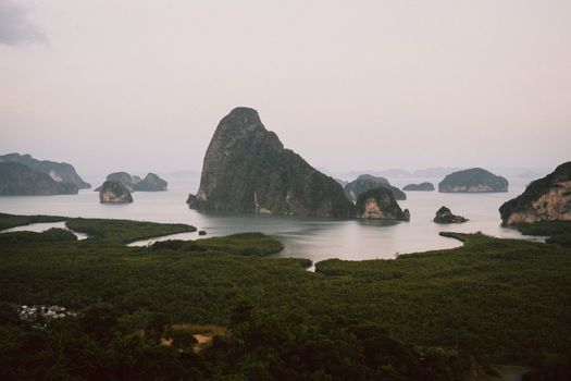 Stunning aerial shot of Phang Nga Bay with lush islands in Thailand.