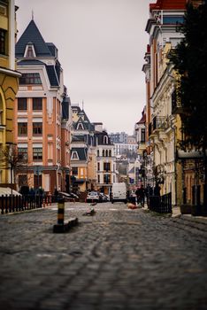 Explore the cobbled streets of Kyiv's old town, showcasing classic architecture and urban charm.