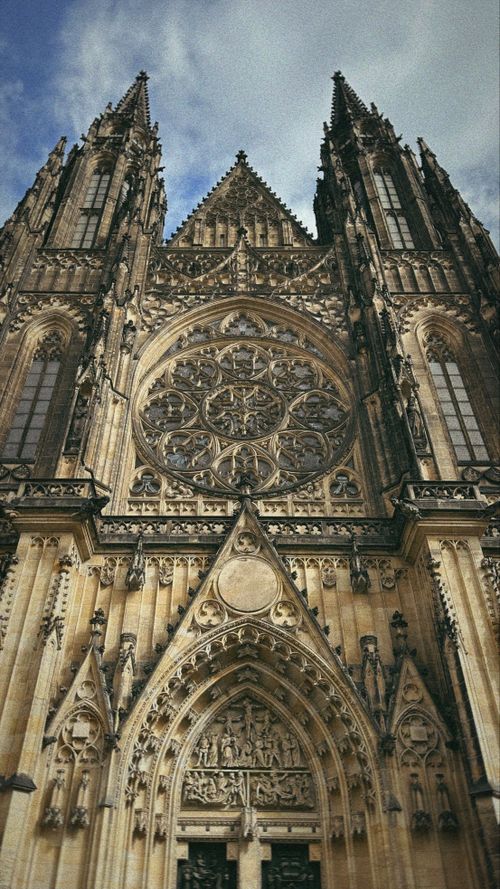 Free Imposing gothic facade of St. Vitus Cathedral in Prague, showcasing intricate architectural details. Stock Photo