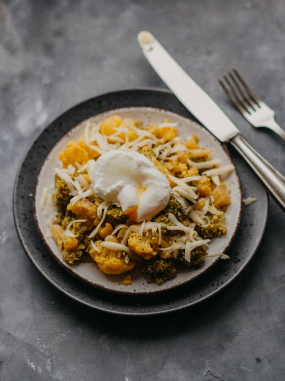 Free Broccoli and Cauliflower With Egg on Plate Stock Photo