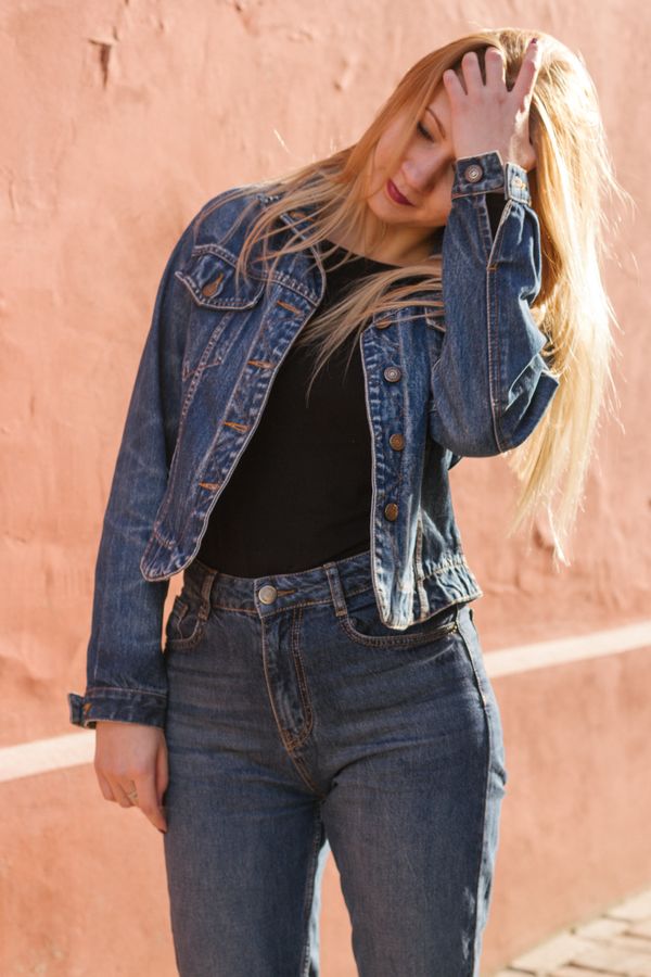 Woman in all denim winter outfit