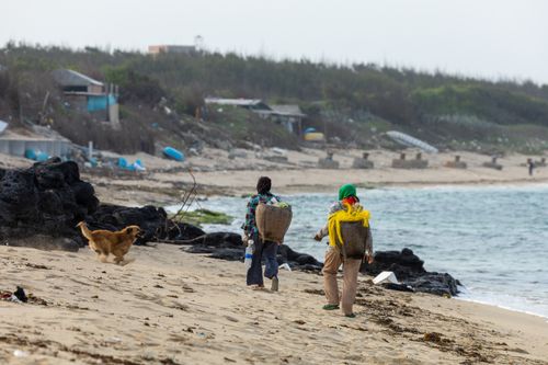 Free Two people carrying baskets walk along a sandy beach with a dog playing alongside. Stock Photo