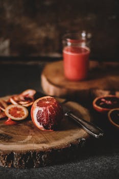 质朴的木板上摆放着血橙汁和柑橘片，凸显出新鲜感和自然魅力