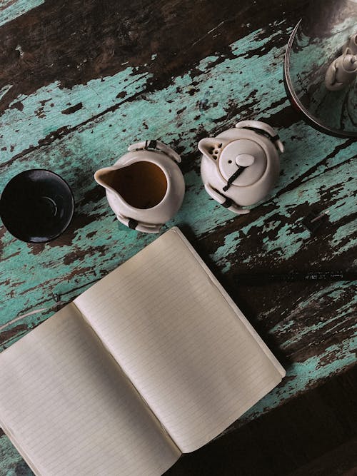 A book, coffee and a cup on a table