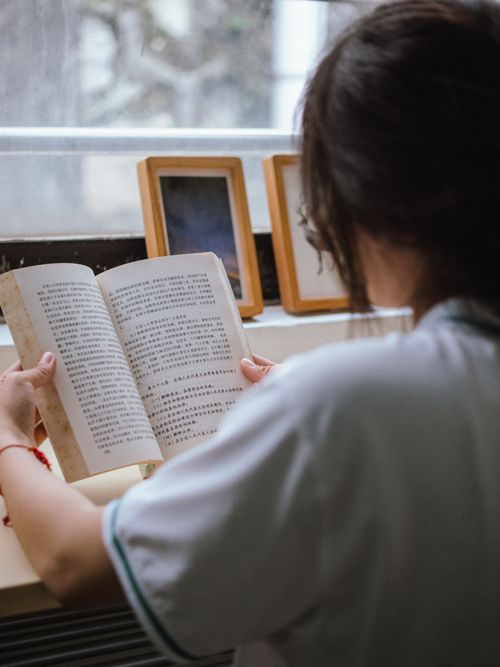 Free A woman sits indoors reading a book with Chinese text near a window, creating a peaceful ambiance. Stock Photo