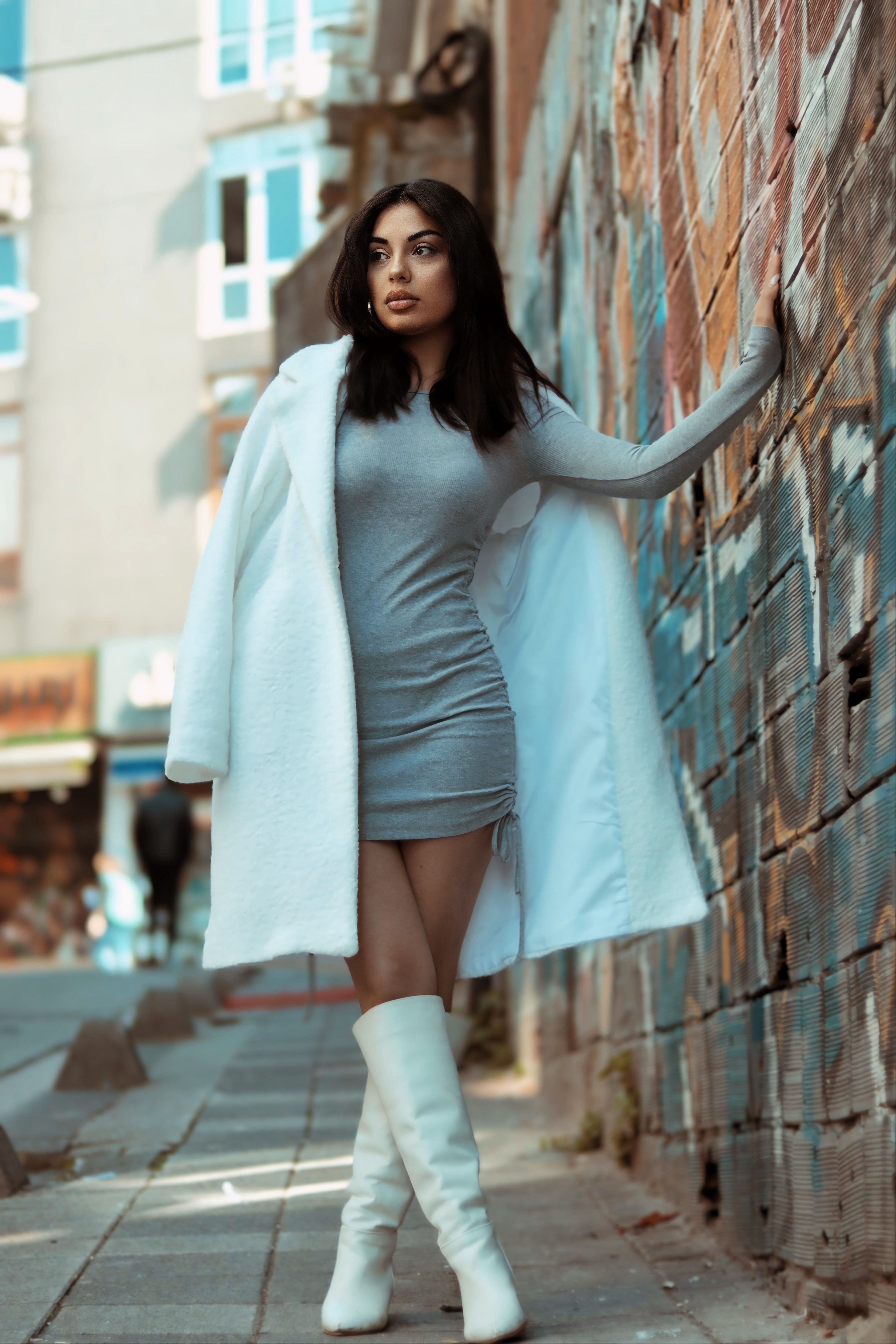 Brunette Woman in White Coat and Boots · Free Stock Photo