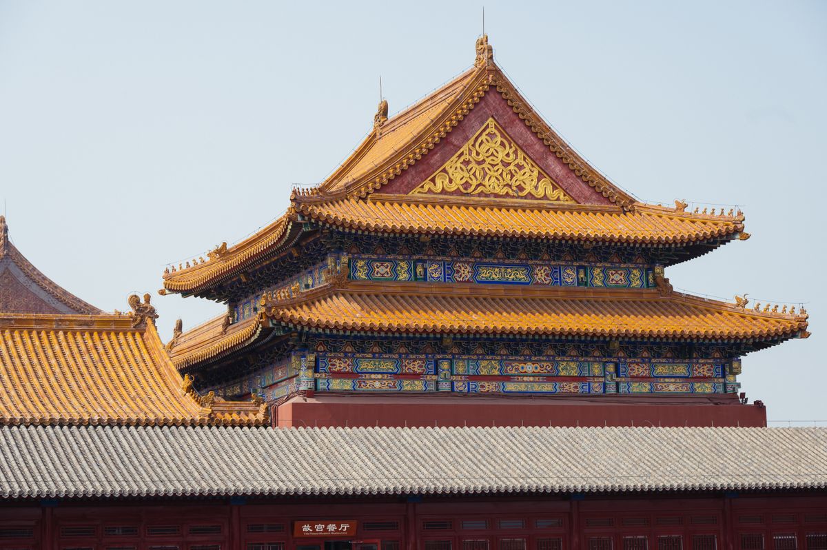 Ornate golden rooftops and eaves of the historic Forbidden City in Beijing