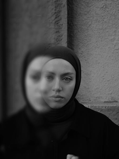Portrait of Woman Wearing Headscarf in Black and White 