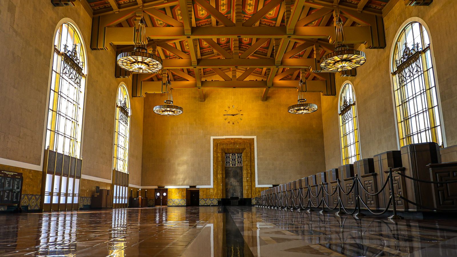 Elegant interior hall of Union Station in Los Angeles, showcasing its architectural beauty and historic charm.