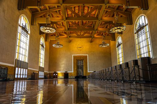 Free Elegant interior hall of Union Station in Los Angeles, showcasing its architectural beauty and historic charm. Stock Photo