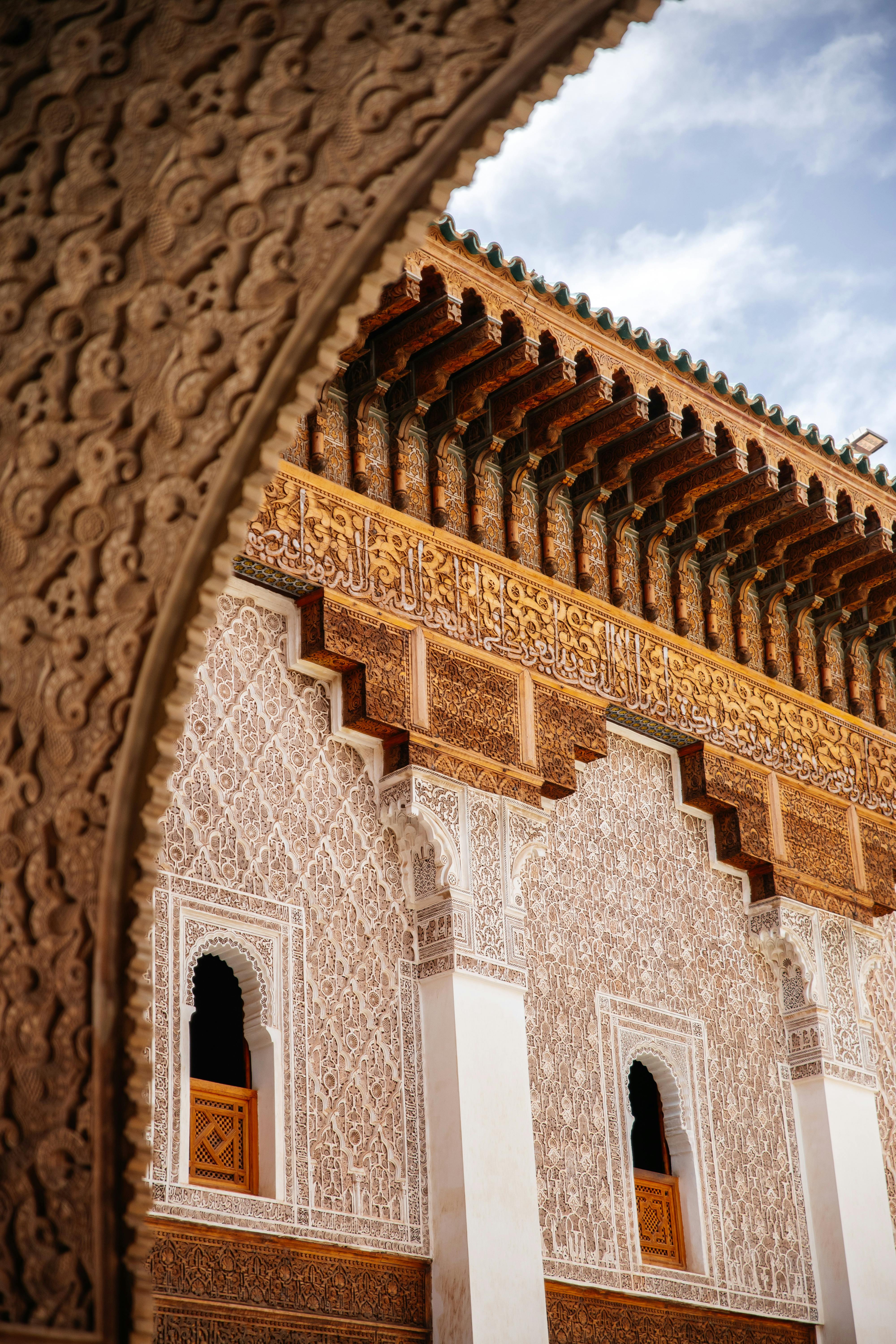 Stunning view of Islamic architecture at Ben Youssef Madrasa in Marrakesh, Morocco.